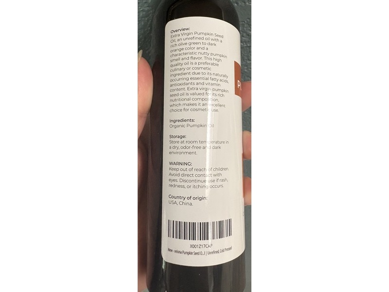 Velona Certified Organic Cold Pressed Oil, Pumpkin Seed, 8 fl oz/237 mL