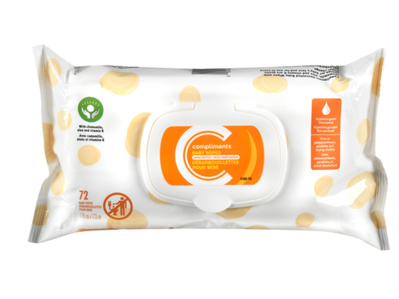 Compliments Baby Wipes, Unscented, 72 Count