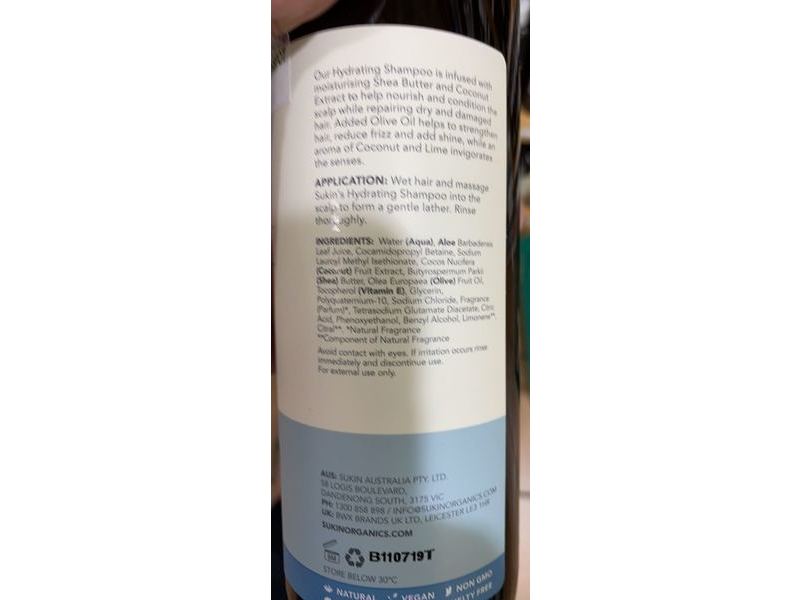 Sukin Hydrating Shampoo, Paraben Free, Dry & Damage Hair, 16.9 fl oz/500 mL