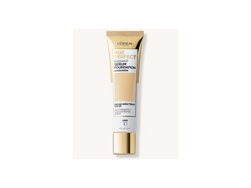L'Oreal Paris Age Perfect Radiant Serum Foundation, SPF 50, 10 Ivory, 1 fl oz/30 mL