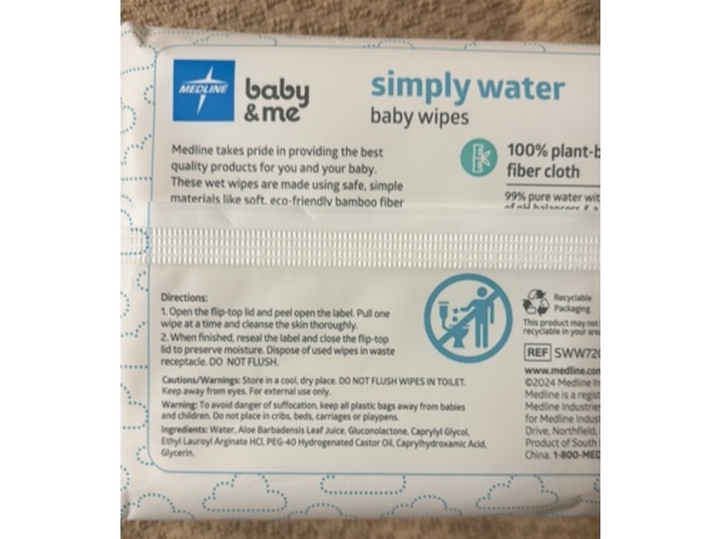Medline Baby & Me Baby Wipes, Simply Water, 60 Bamboo Wipes, Pack Of 12