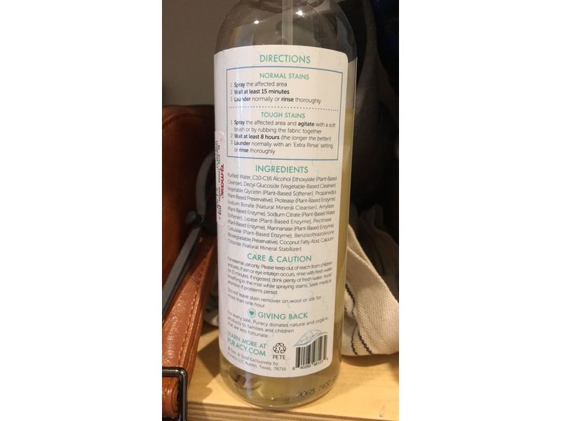 Puracy Natural Laundry Stain Remover, Enzyme-Based Spot Cleaner, Free & Clear, 16 Ounce