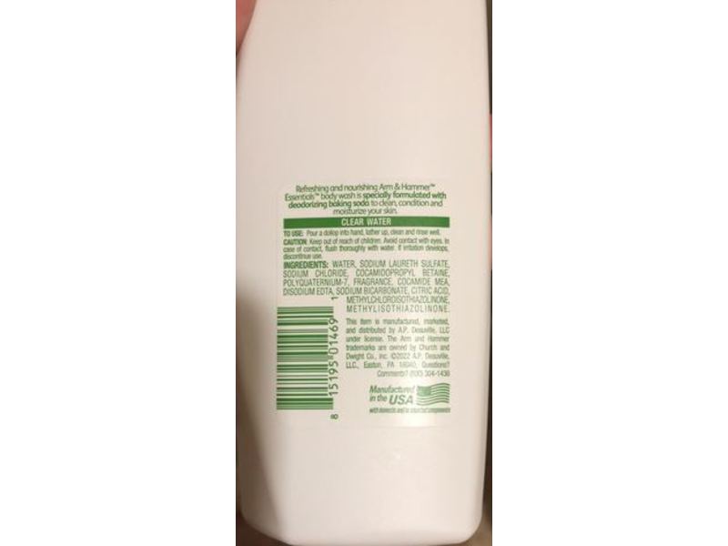 Arm & Hammer Essentials Body Wash, Clear Water, 15 fl oz/443 mL