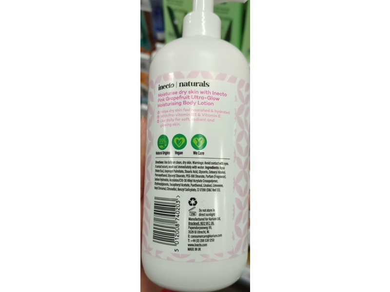 Inecto Naturals Ultra-Glow Moisturizing Body Lotion, Pink Grapefruit, 16.9 fl oz/500 mL