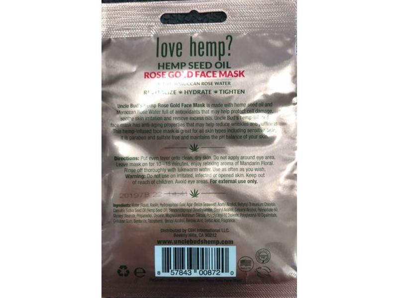 Uncle Bud's Rose Gold Face Mask, Hemp Seed Oil, Mandarin Floral Scent, 0.36 oz/10 g