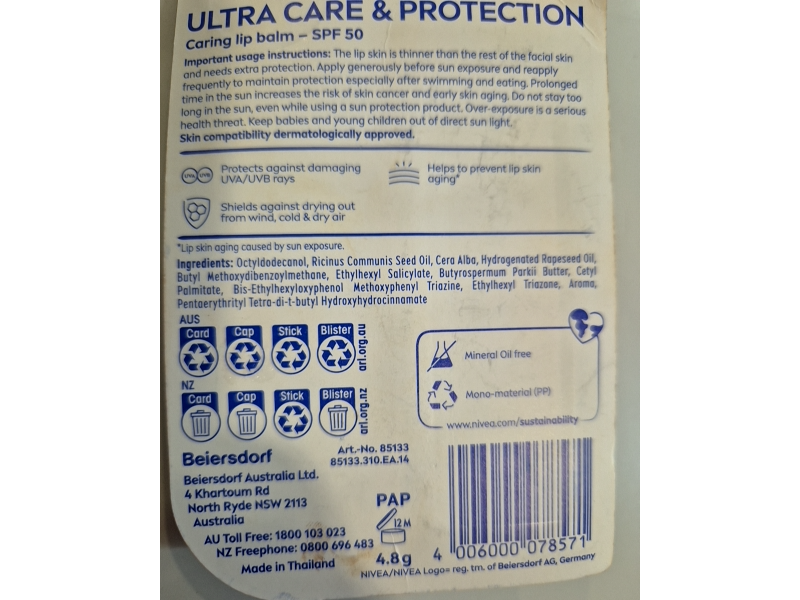 Nivea Ultra Care & Protection Lip Balm, SPF 50, 4.8 g