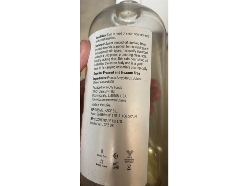 Now Solutions Moisturizing Oil, Sweet Almond, Unscented, 32 fl oz/946 mL
