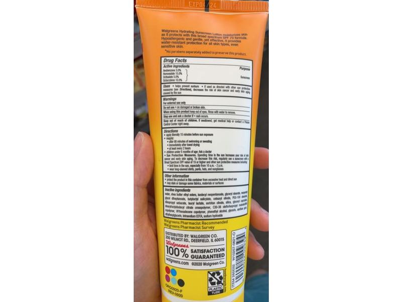 Walgreens Hydrating Sunscreen, SPF 70, Paraben Free, 8 fl oz/237 mL