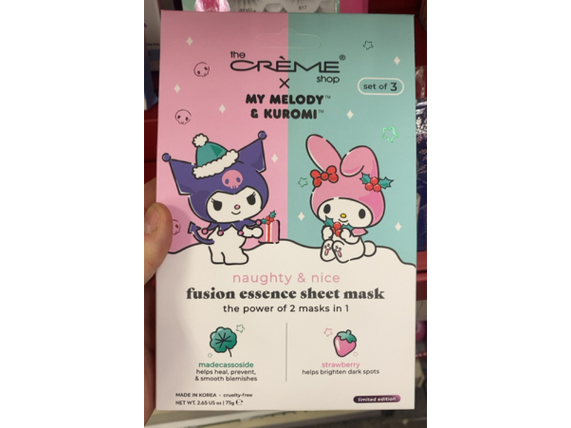The Creme Shop x My Melody & Kuromi Fusion Essence Sheet Mask, Madecassoside & Strawberry, 2.65 oz/75 g, 3 Count
