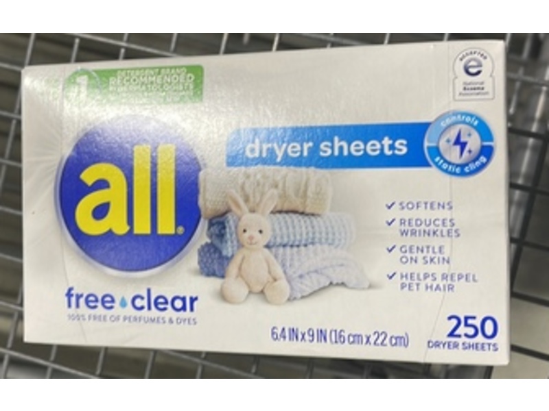 All Dryer Sheets, Free & Clear, 250 Count