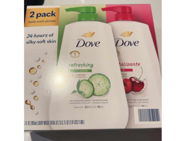 Dove Refreshing + Revitalizante Body Wash, Cucumber & Green Tea + Cherry & Chia Milk, 30.6 fl oz/905 mL, Pack Of 2