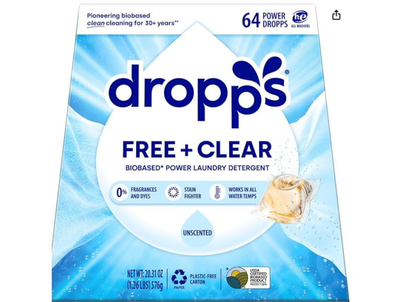Dropps Free + Clear Powder Laundry Detergent Pods, Unscented, 40 Loads, 12.6 oz/360 g