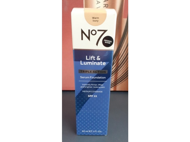 No 7 Beauty Lift & Luminate Triple Action Serum Foundation Sunscreen, Warm Ivory, SPF 15, 1 fl oz/30 mL