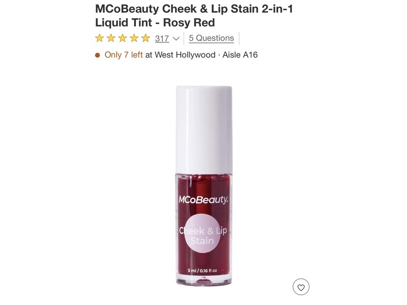 Mcobeauty Cheek & Lip Stain 2-In-1 Liquid Tint, Rosy Red, 0.16 fl oz/5 mL