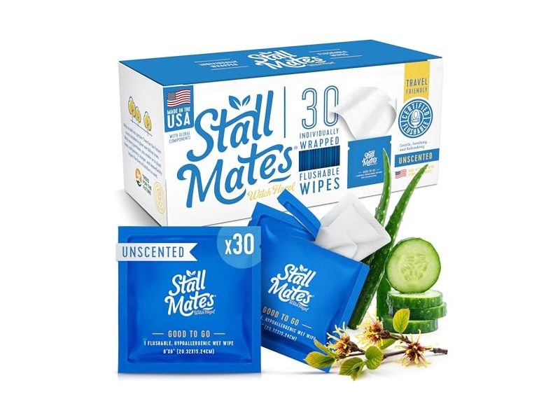Stall Mates Flushable Wipes, Witch Hazel, Unscented, 30 Count