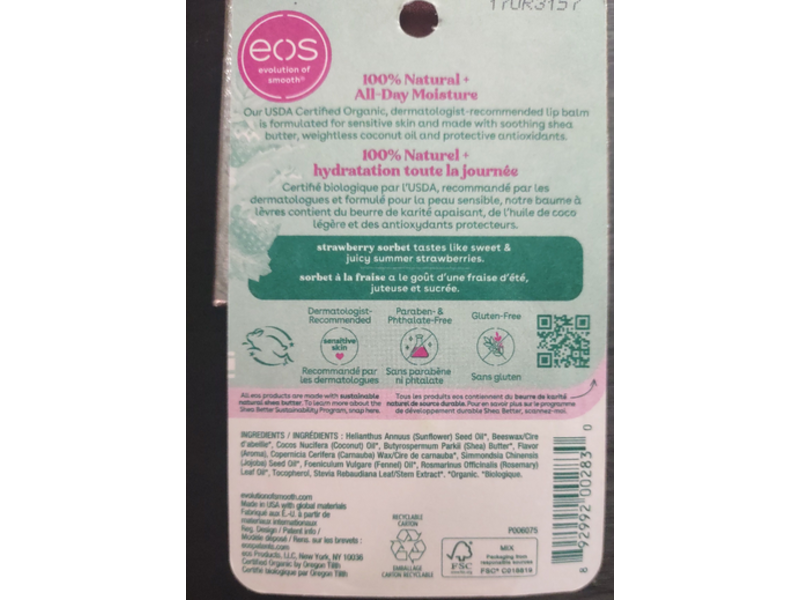 Eos Organic Lip Balm, Strawberry Sorbet, 0.25 oz/7 g