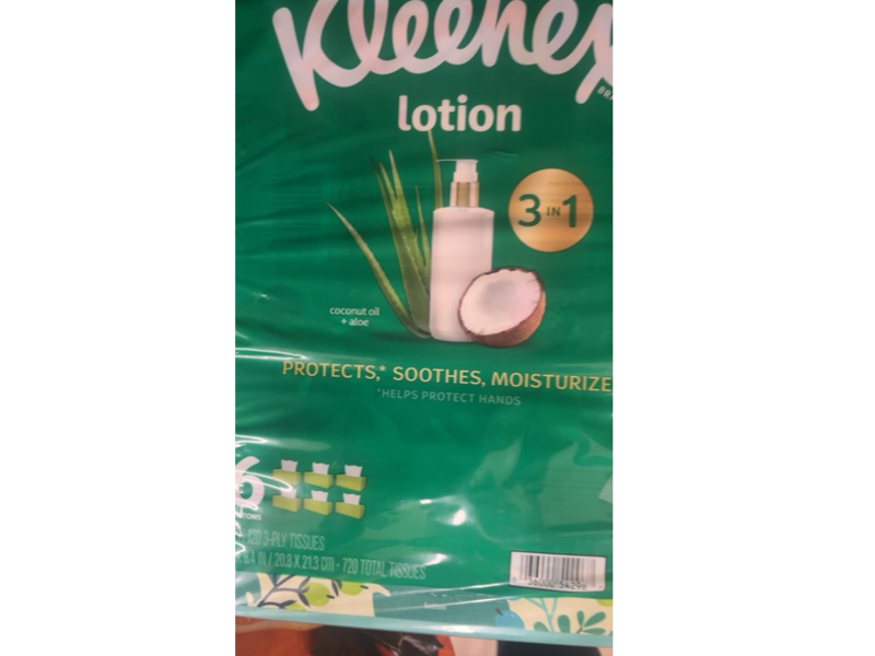 Kleenex 3 in 1 Lotion Facial Tissues, Coconut Oil + Aloe, 720 Count