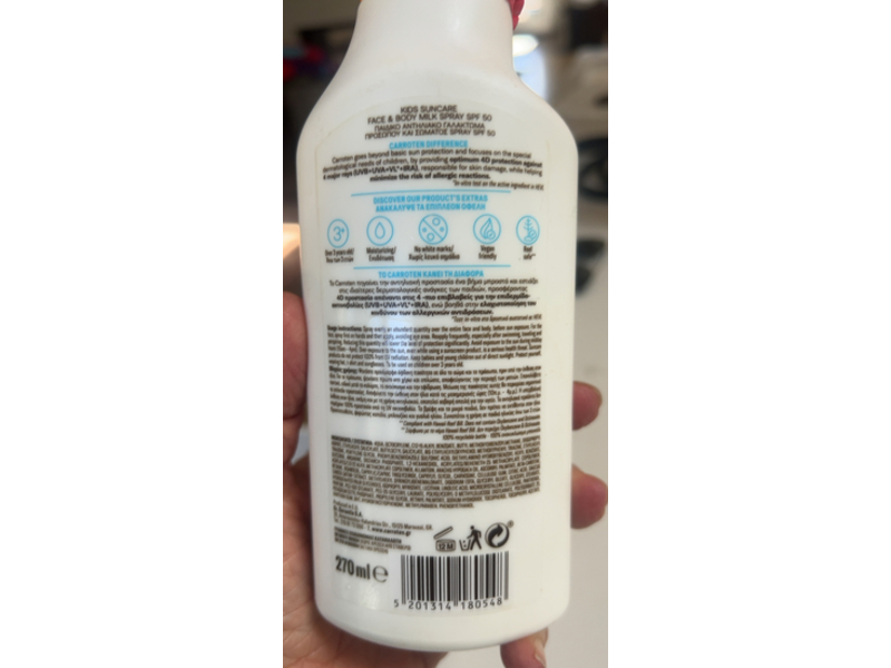 Carroten Kids Sun Care Face & Body Milk Spray, SPF 50, 270 mL