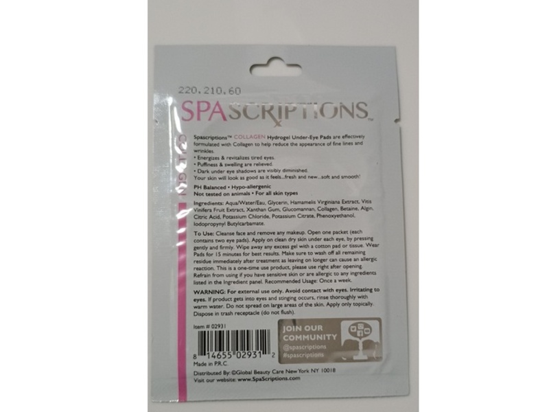 Spa Scriptions Hydrogel Under-Eye Pads, Collagen, 1 Count