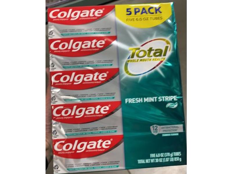 Colgate Total Whole Mouth Health Toothpaste, Fresh Mint Stripe, 6.0 oz/170 g, Pack Of 5