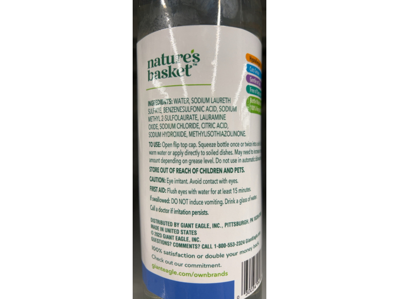 Giant Eagle Nature's Basket Liquid Dish Soap, Free & Clear, 25 fl oz/739 mL