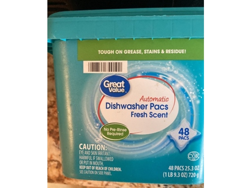 Great Value Automatic Dishwasher Pacs, Fresh Scent, 25.3 oz/720 g, 48 Count