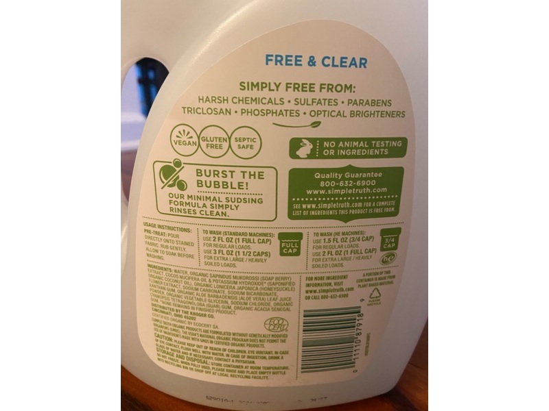 Simple Truth Organic Laundry Detergent, Free & Clear, 66 Loads, 100 fl oz/2.95 L