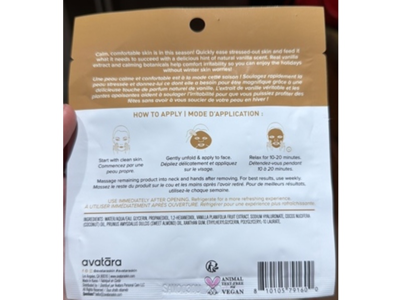 Avatara Soothing Sheet Mask, Cozy Vanilla Vibes, 0.71 fl oz/21 mL