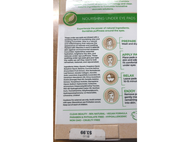 Natural Chemist Cucumber Nourishing Under Eye Pads, Aloe, 0.88 oz/25 g, 5 Pairs