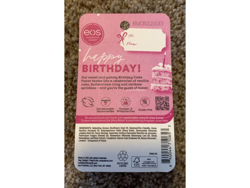 EOS Evolution Of Smooth Lip Balm, Birthday Cake, 0.14 oz/4 g, Pack Of 2
