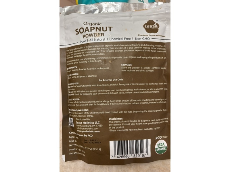 Iyasa Holistics Organic Soapnut Powder, Aritha & Reetha, 8 oz/227 g