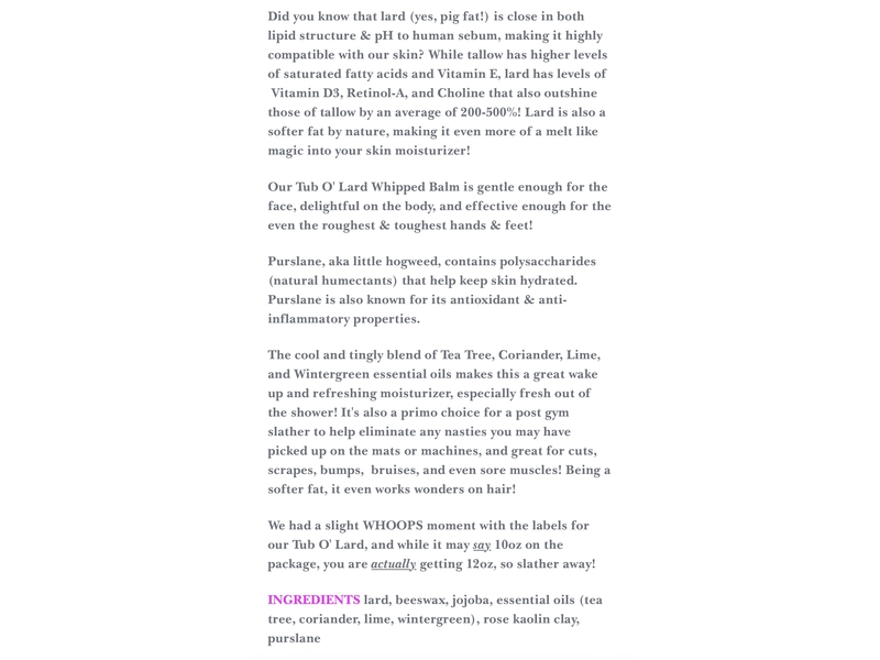 Vellum Street Tub O' Lard Whipped Balm, 10 oz