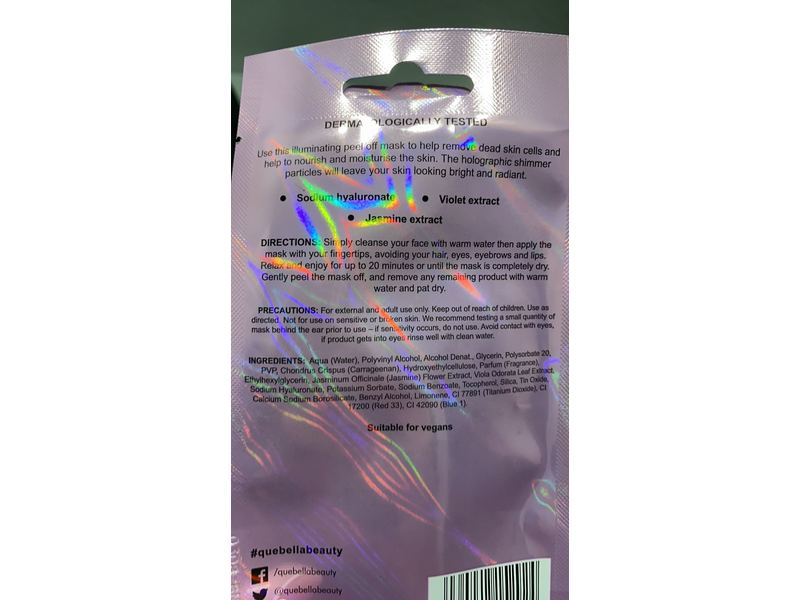 Que Bella Illuminating Holographic Peel Off Mask, 0.35 oz/10 g