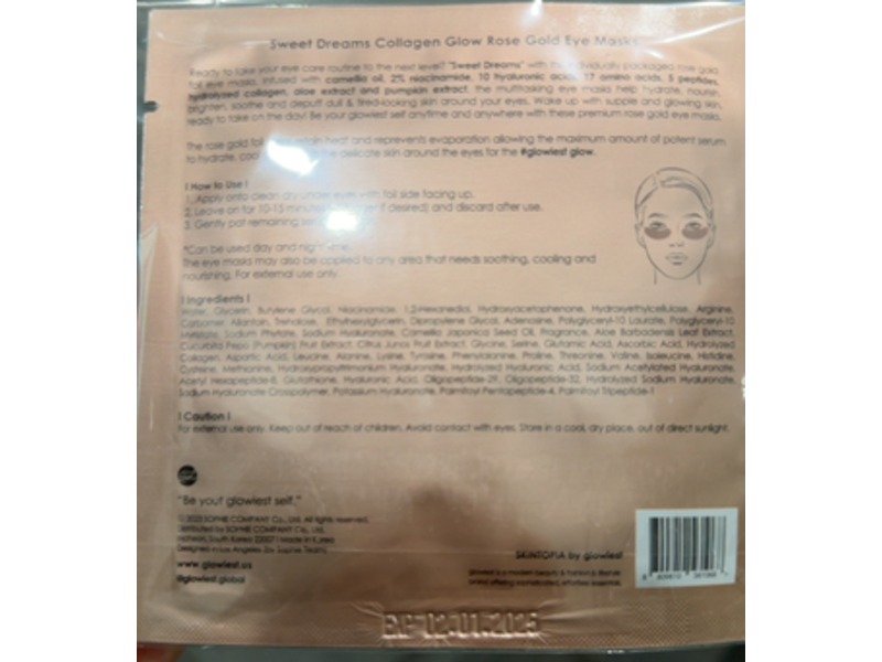 Glowiest Sweet Dreams Collagen Glow Eye Masks, Rose Gold, 0.21 oz/6 g