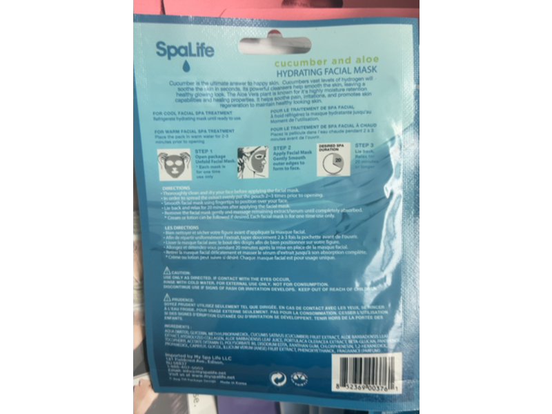 SpaLife Hydrating Facial Mask, Cucumber + Aloe, 0.81 oz/23 g, Pack Of 10