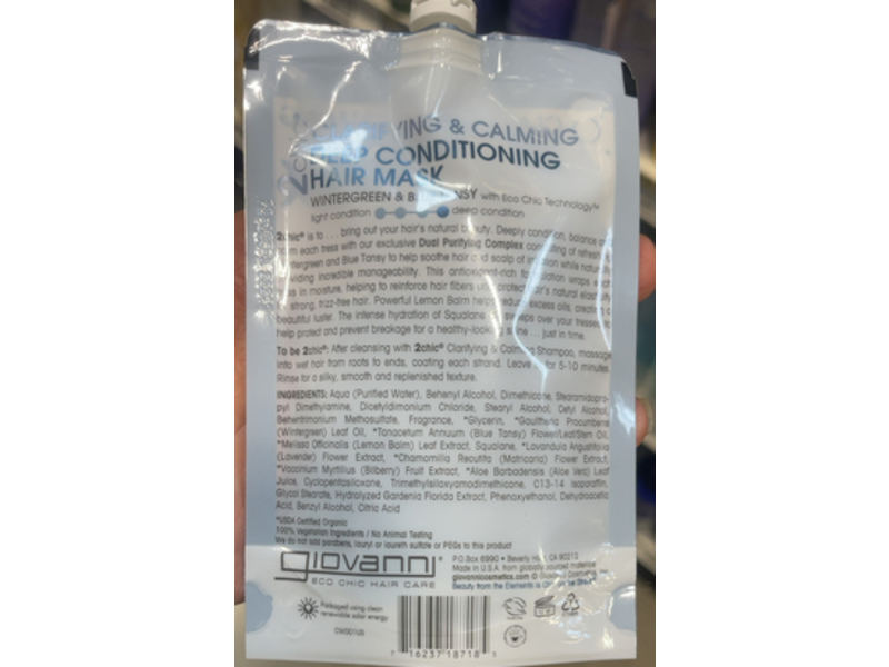 Giovanni Deep Conditioning Hair Mask, 2Chic Clarifying & Calming, 1.75 fl oz/51.75 mL