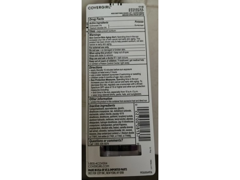 Covergirl + Olay Advanced Radiance Age Defying Makeup + Sunscreen, 110 Classic Ivory, SPF 10, 1 fl oz/30 mL