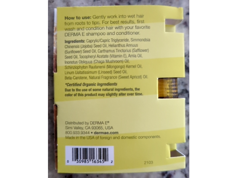 Derma E Styling Hair Repair Oil, Chaga Mushroom Jojoba & Amla Oils, 0.13 fl oz/3.75 mL