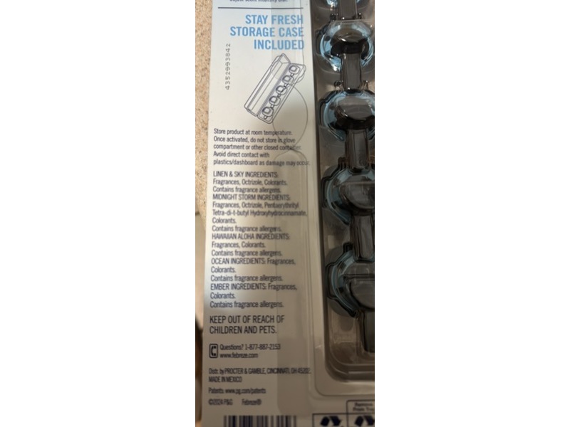 Febreze Car Air Freshener, Ember + Ocean + Hawaiian Aloha + midnight Storm + Linen & Sky, 0.34 fl oz/10.4 mL, Pack Of 5