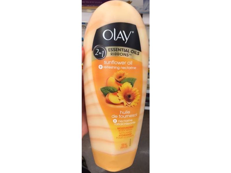 Olay 2 In 1 Essential Oils Ribbons Moisturizing Body Wash, Sunflower Oil+Refreshing Nectarine, 18 fl oz/532 mL