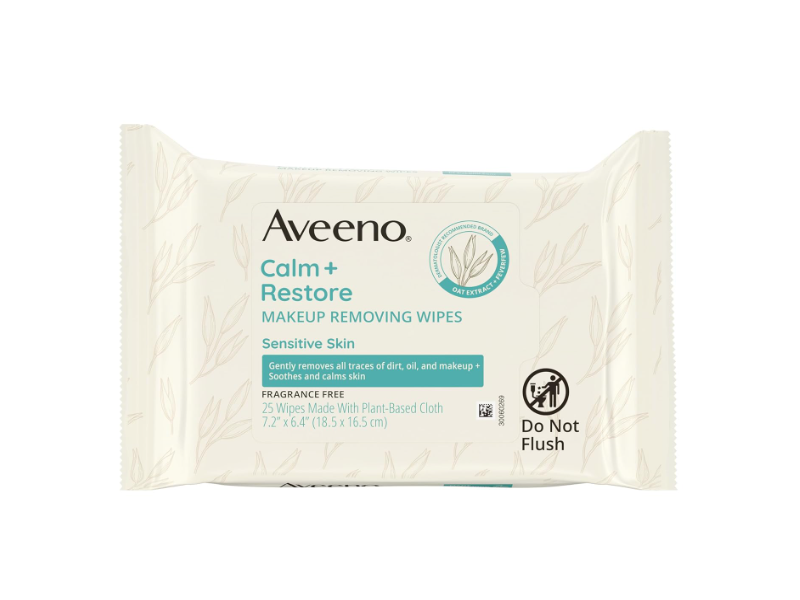 Aveeno Calm + Restore Nourishing Make-Up Removing Wipes, Fragrance Free, Pack Of 25