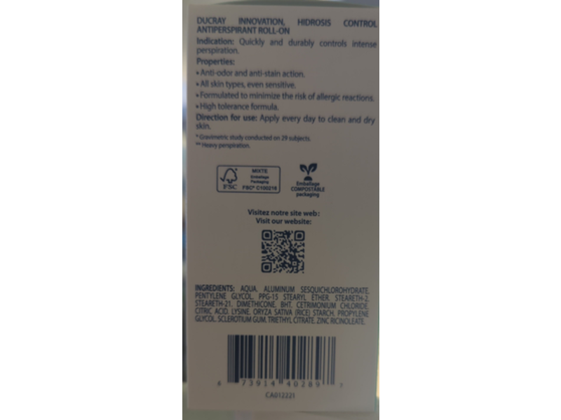 Ducray Antiperspirant Treatment Roll-On Under Arms, 40 mL