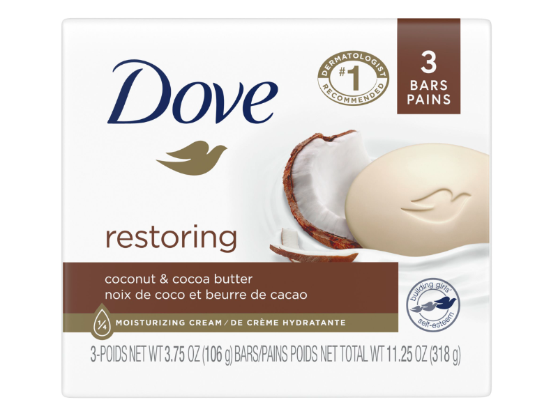 Dove Restoring Moisturizing Cream Bar, Coconut & Cocoa Butter, 3.75 oz/106 g, Pack Of 3