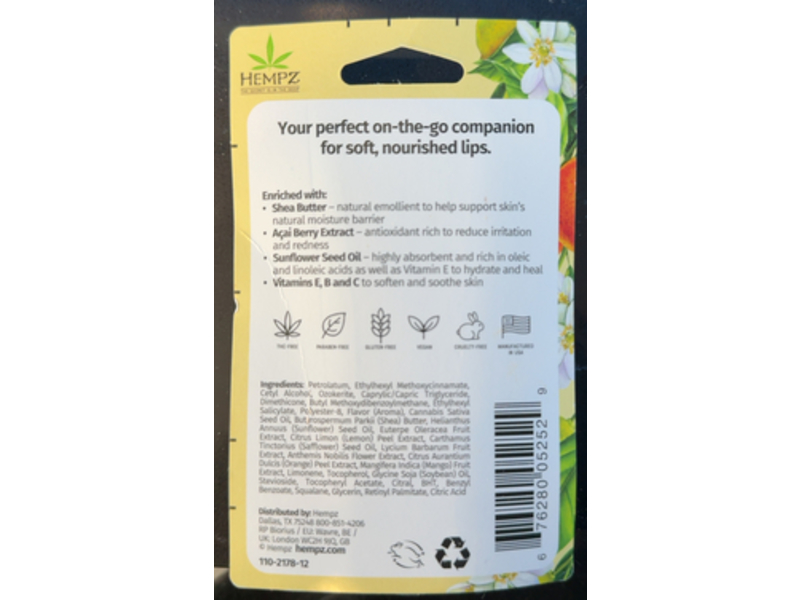 Hempz Ultra Moisturizing Herbal Lip Balm, Sweet Citrus, 0.44 fl oz/13 mL