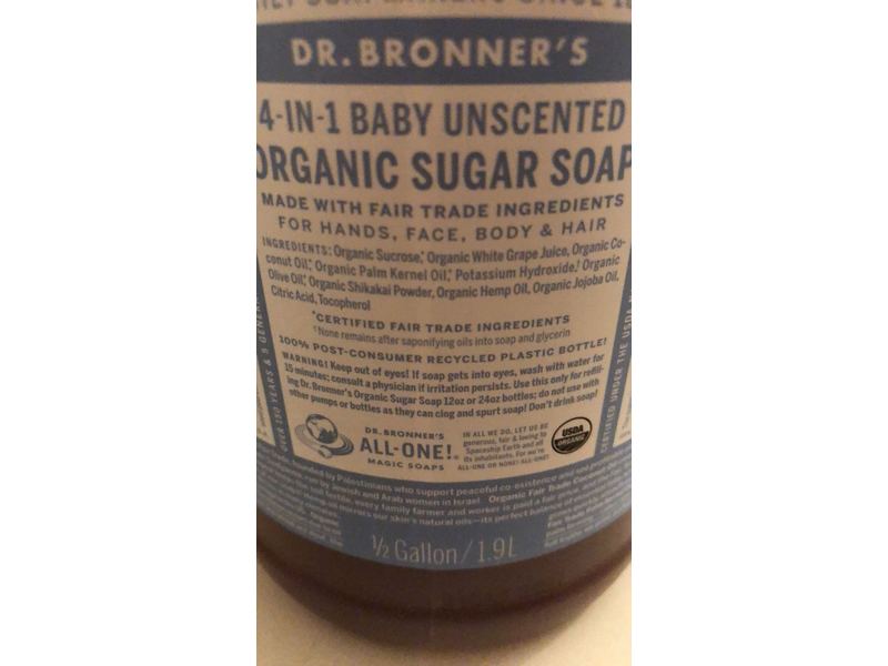 Dr. Bronner’s 4-In-1 Baby Organic Sugar Soap, Unscented, 1.9 L