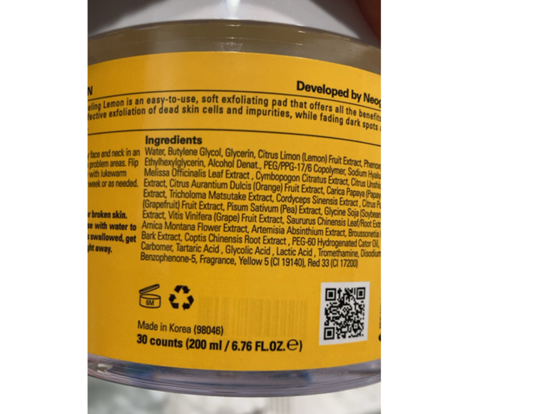 Neogen Dermalogy Bio-Peel + Gauze Peeling, Lemon, 6.76 fl oz/200 mL, 30 Count