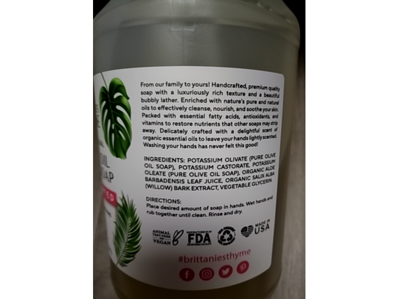 Brittanie's Thyme Olive Oil Hand Soap, Unscented, 3.8 L