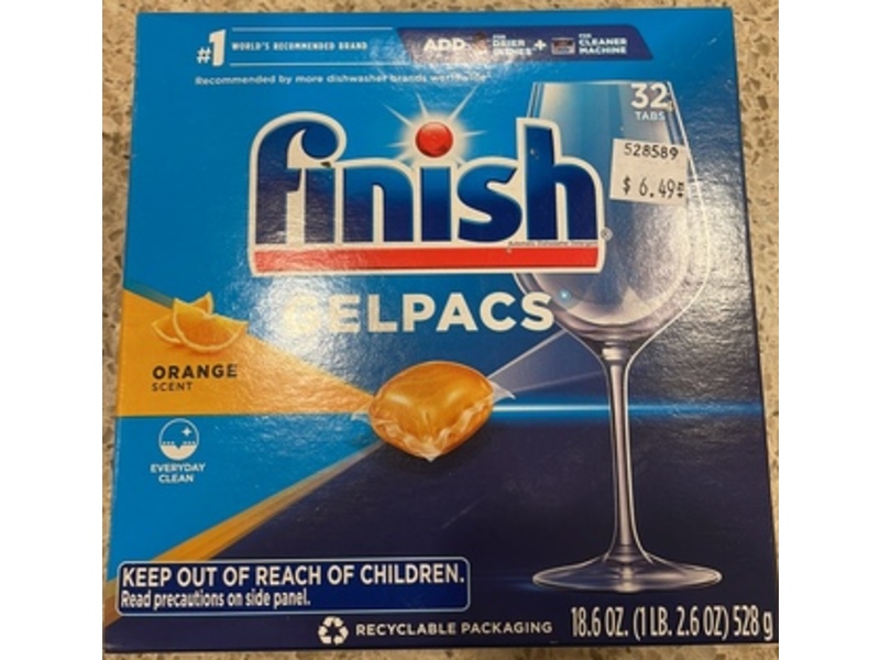 Finish Automatic Dishwasher Detergent Gel Pacs, Orange Scent, 18.6 oz/528 g, 32 Count