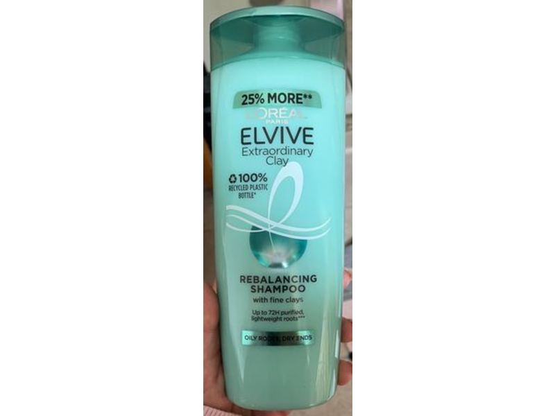 L'Oreal Elvive Extraordinary Clay Rebalancing Shampoo, Oily Roots, Dry Ends, 500 mL