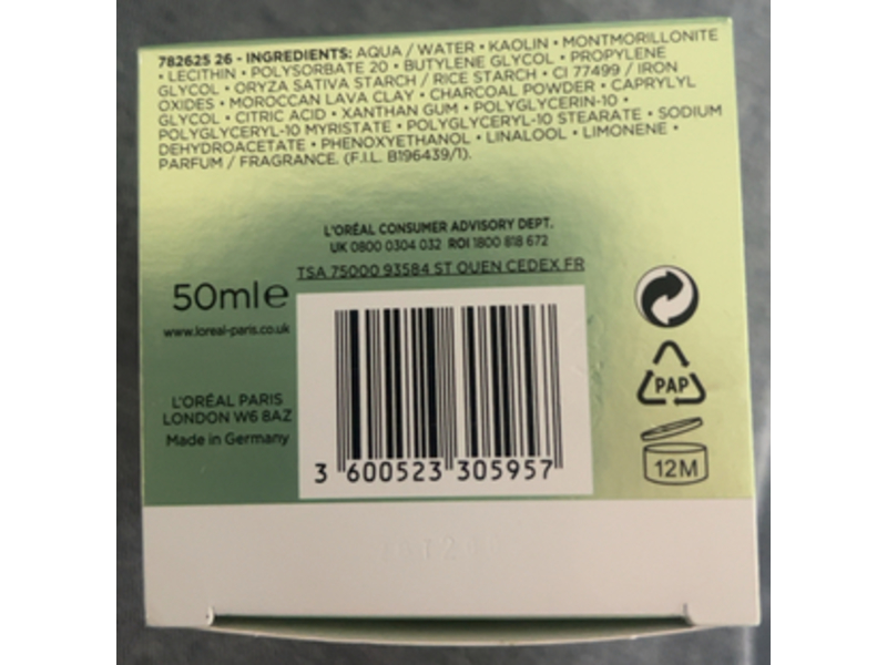 L’Oreal Paris Pure Clay Detox Mask, 3 Pure Clays + Charcoal, 1.69 fl oz/50 mL